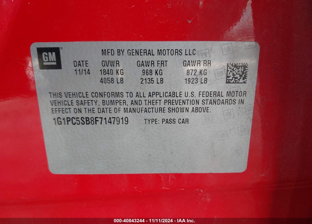 2015 CHEVROLET CRUZE 1LT AUTO VIN: 1G1PC5SB8F7147919