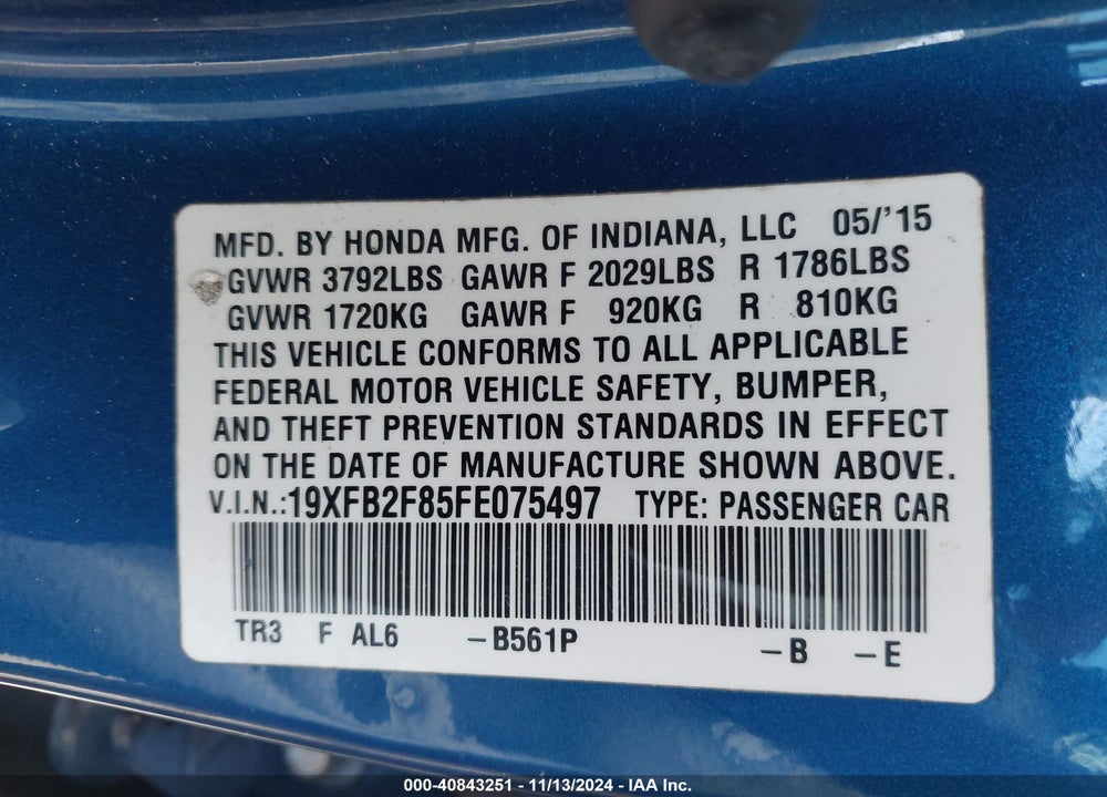 2015 HONDA CIVIC EX VIN: 19XFB2F85FE075497