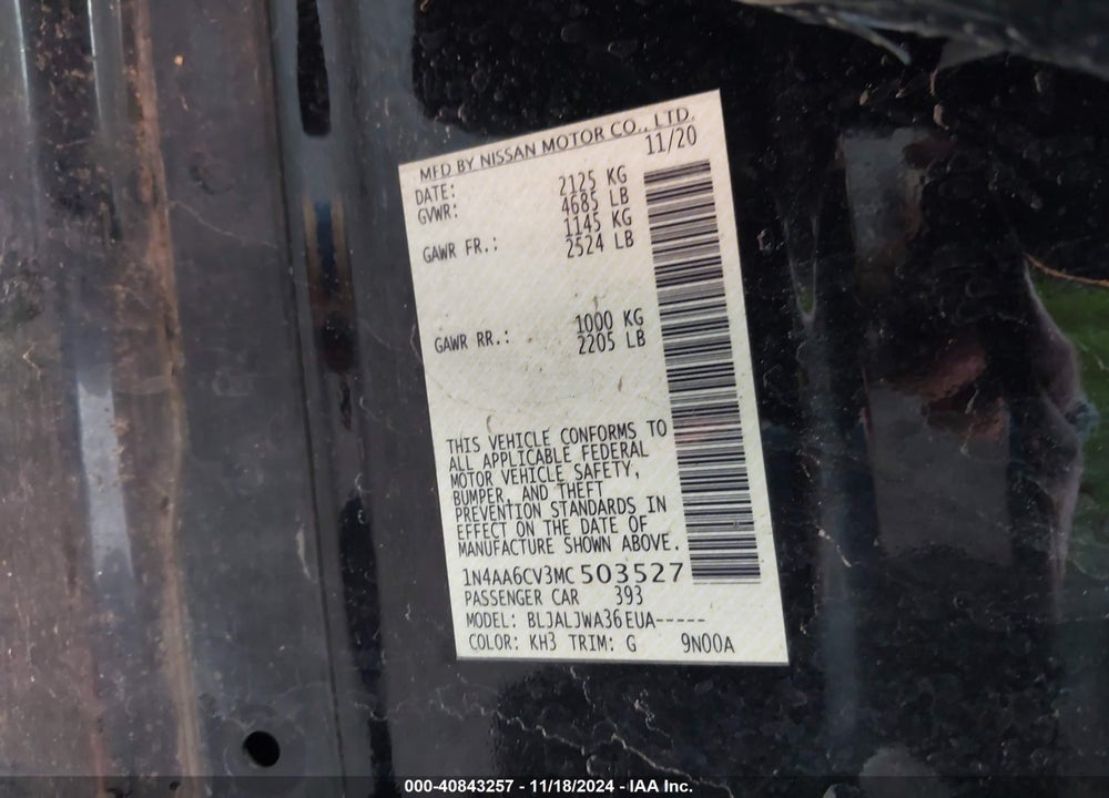 2021 NISSAN MAXIMA VIN: 1N4AA6CV3MC503527