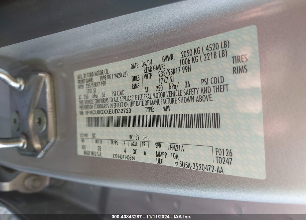 2014 FORD ESCAPE SE VIN: 1FMCU0GXXEUD32723
