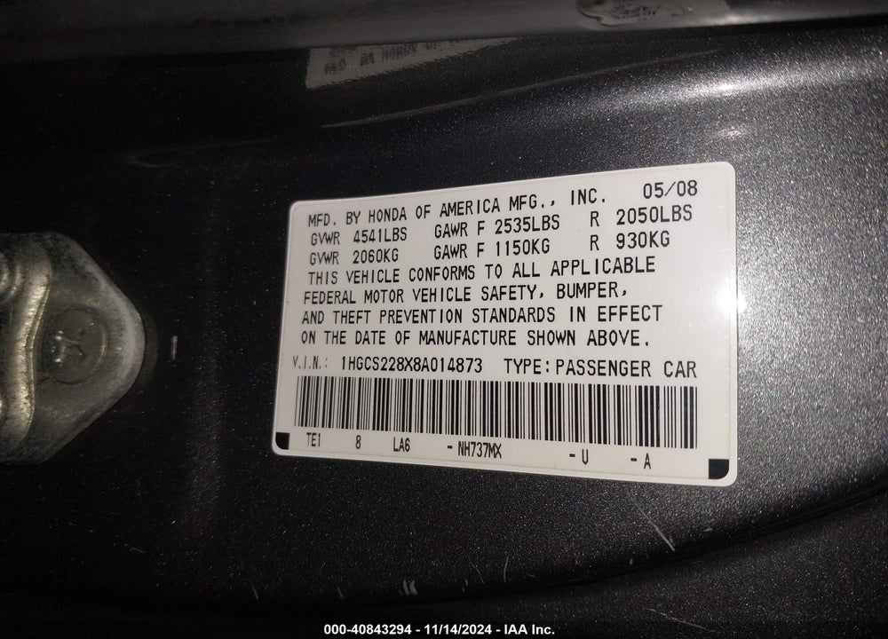 2008 HONDA ACCORD 3.5 EX-L VIN: 1HGCS228X8A014873