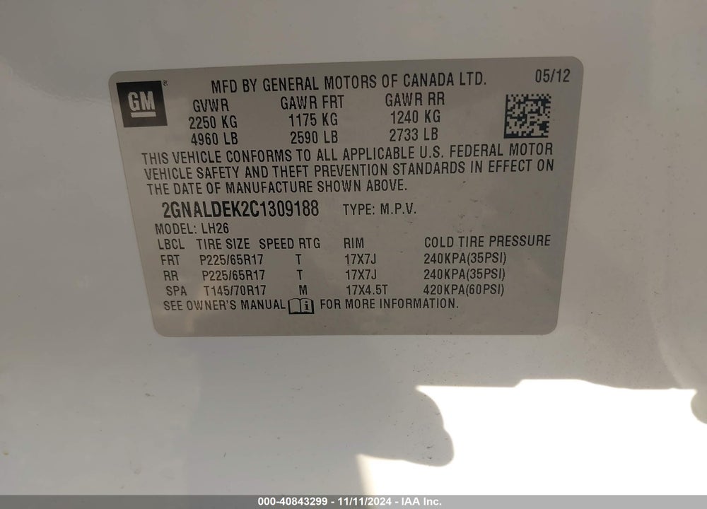 2012 CHEVROLET EQUINOX 1LT VIN: 2GNALDEK2C1309188