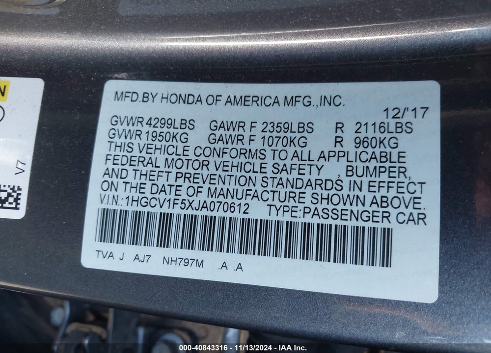 2018 HONDA ACCORD EX-L VIN: 1HGCV1F5XJA070612