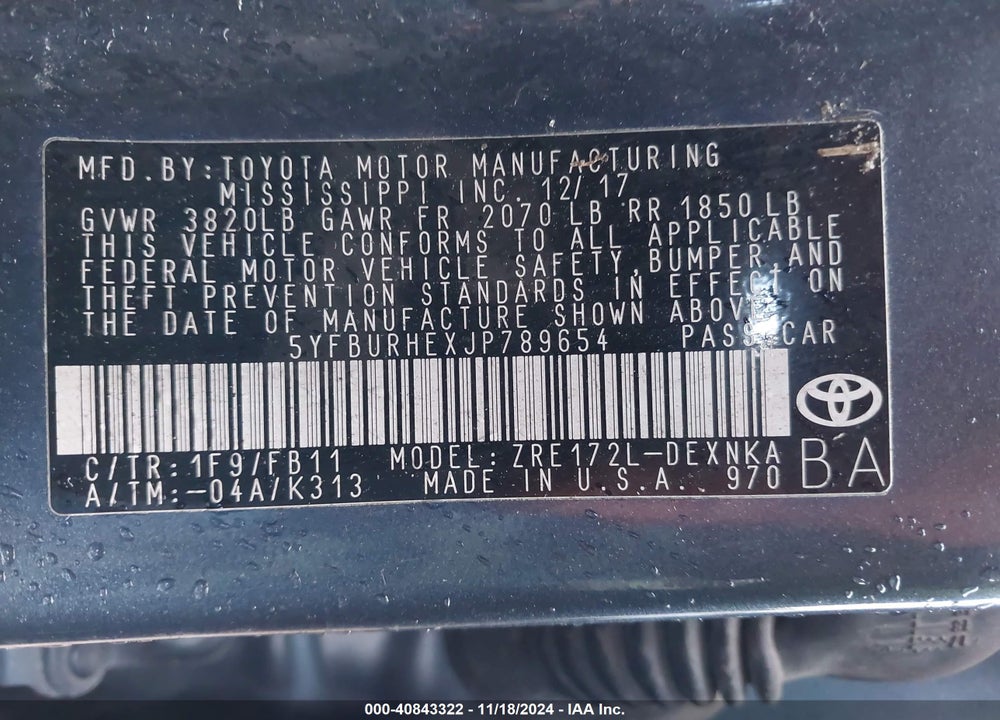 2018 TOYOTA COROLLA LE VIN: 5YFBURHEXJP789654
