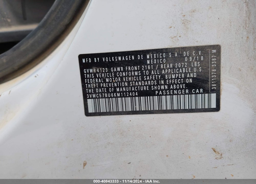 2019 VOLKSWAGEN JETTA 1.4T R-LINE/1.4T S/1.4T SE VIN: 3VWC57BU6KM112404