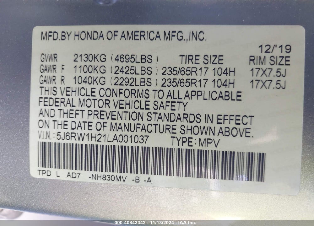 2020 HONDA CR-V VIN: 5J6RW1H21LA001037