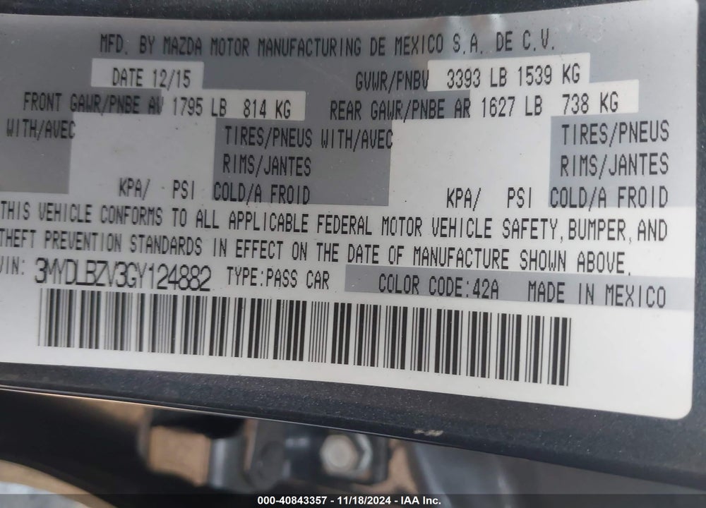 2016 SCION IA VIN: 3MYDLBZV3GY124882