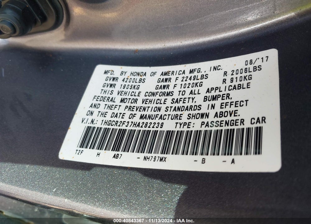 2017 HONDA ACCORD LX VIN: 1HGCR2F37HA282239