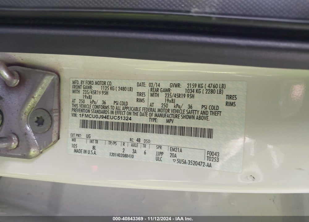 2014 FORD ESCAPE TITANIUM VIN: 1FMCU0J94EUC51324