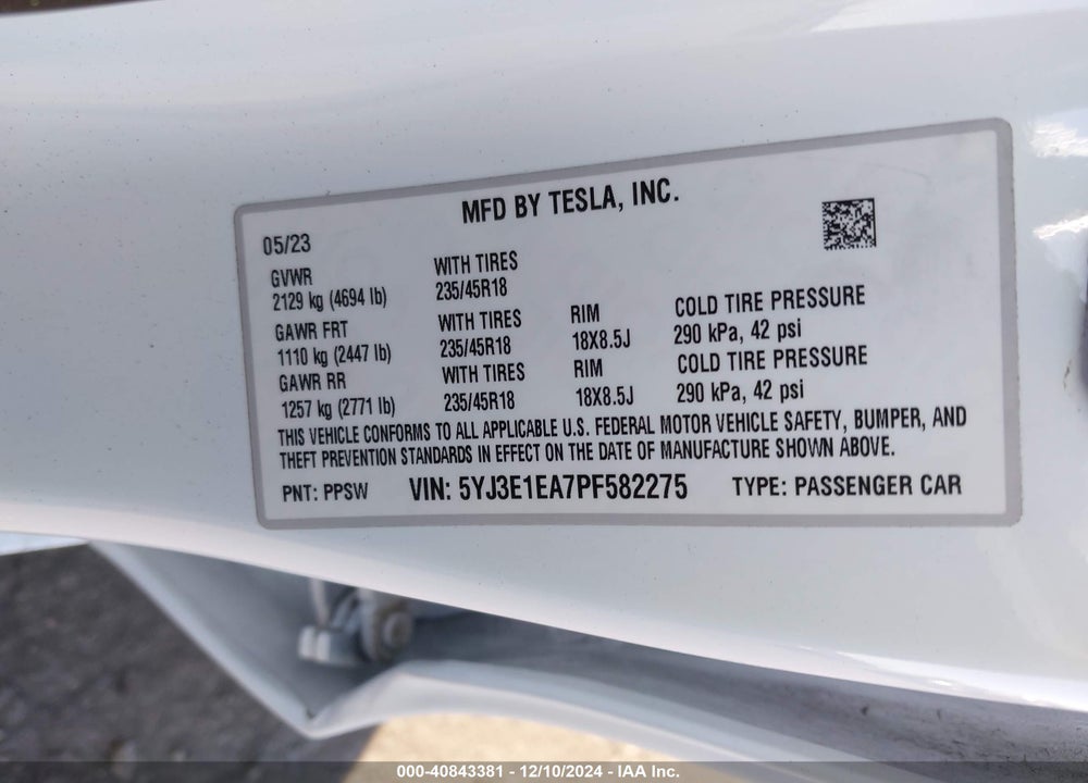 2023 TESLA MODEL 3 REAR-WHEEL DRIVE VIN: 5YJ3E1EA7PF582275