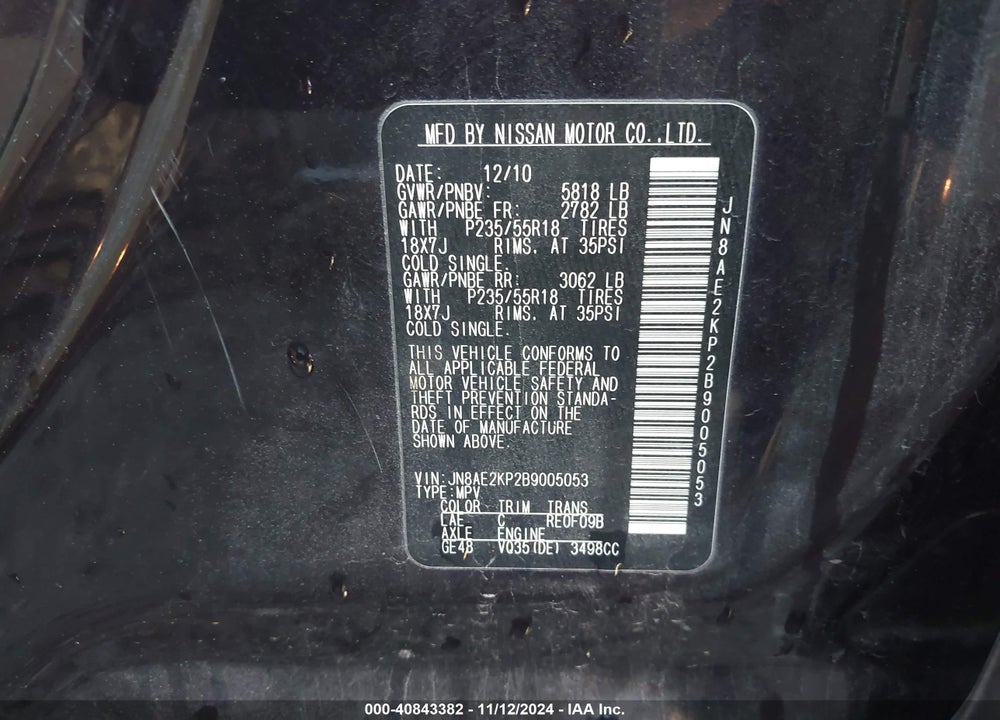 2011 NISSAN QUEST SL VIN: JN8AE2KP2B9005053