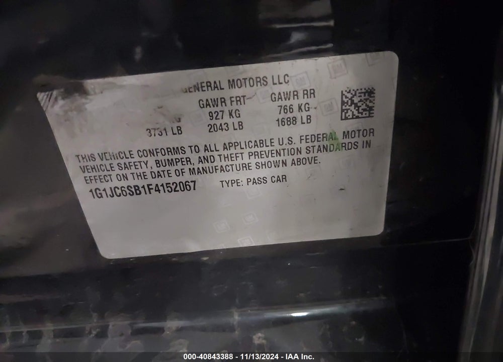 2015 CHEVROLET SONIC LT AUTO VIN: 1G1JC6SB1F4152067