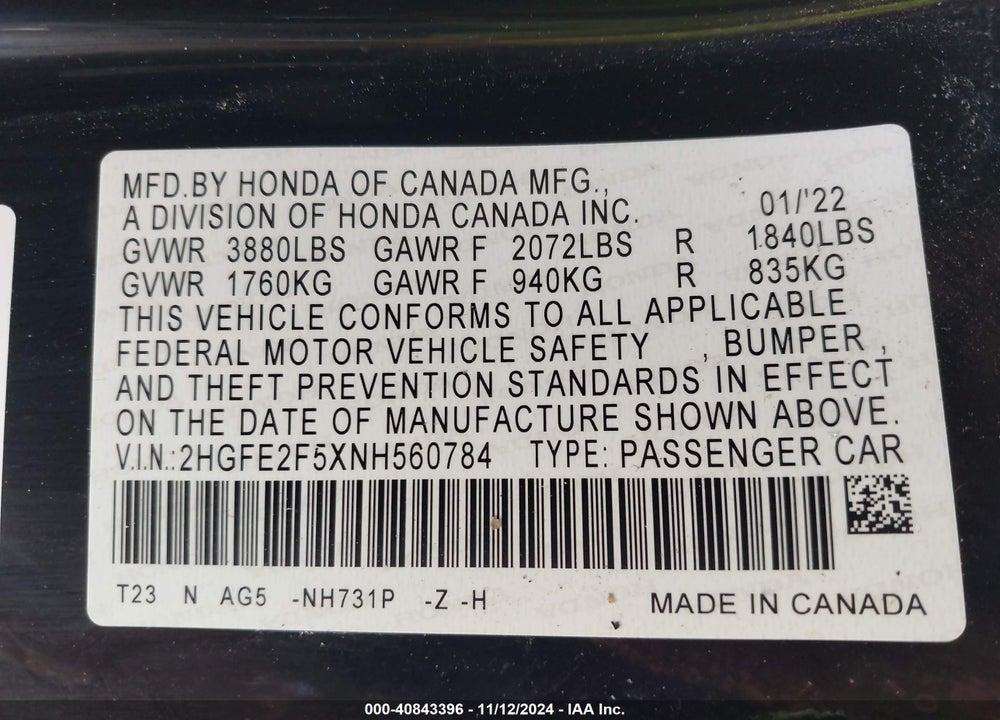 2022 HONDA CIVIC SPORT VIN: 2HGFE2F5XNH560784