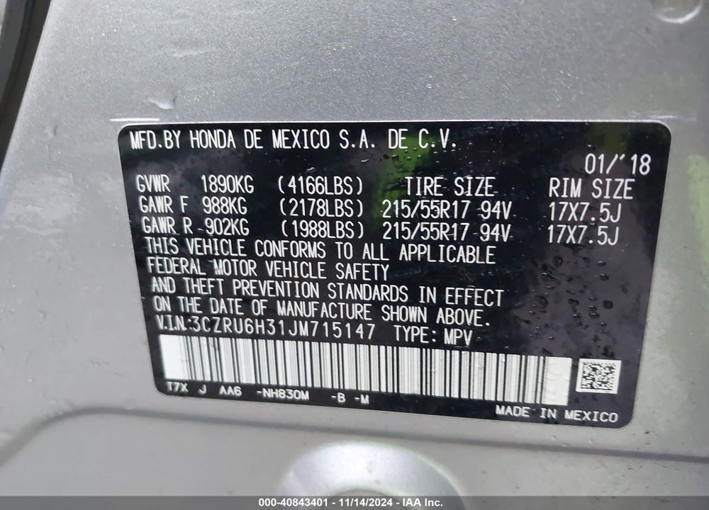 2018 HONDA HR-V LX VIN: 3CZRU6H31JM715147