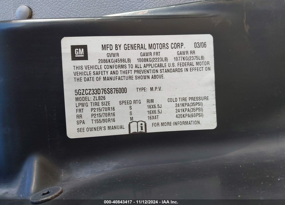 2006 SATURN VUE 4 CYL VIN: 5GZCZ33D76S876000