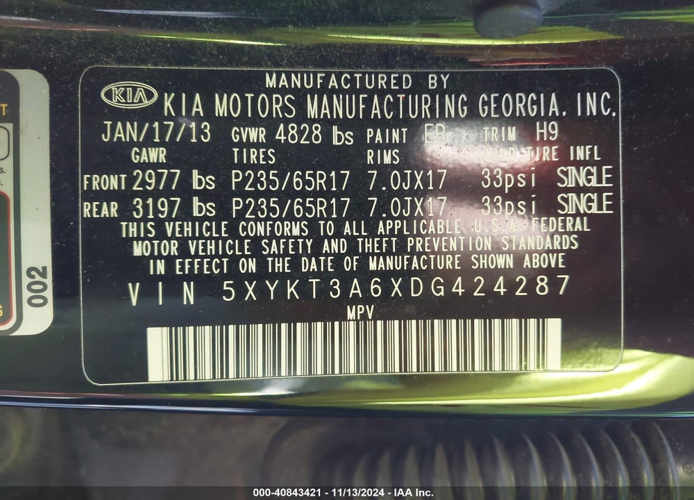 2013 KIA SORENTO LX VIN: 5XYKT3A6XDG424287