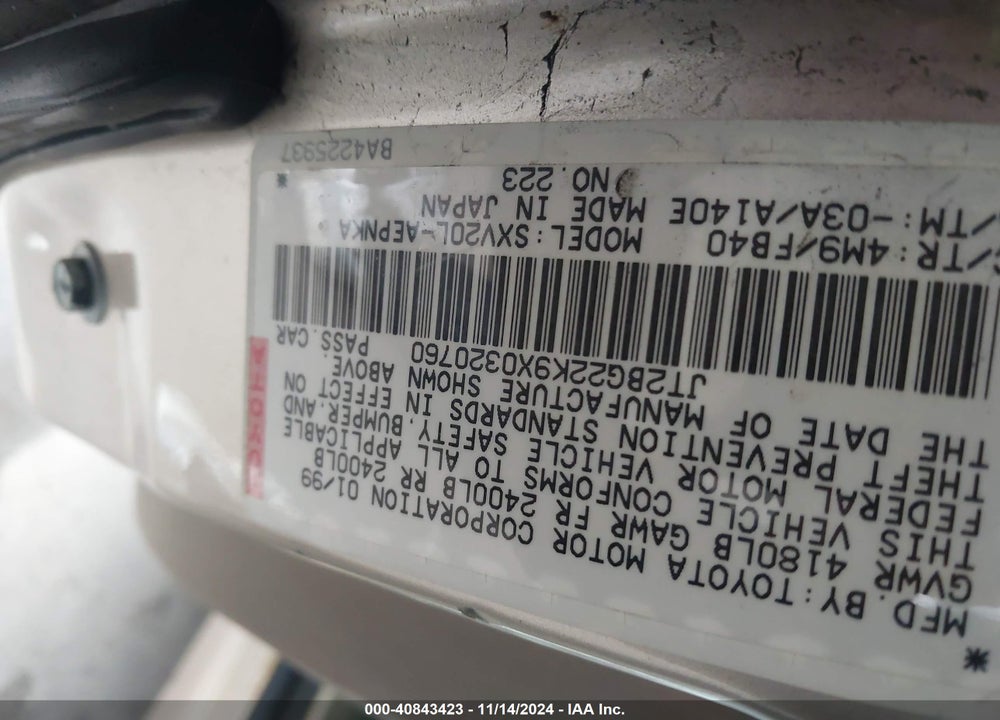 1999 TOYOTA CAMRY CE/LE/XLE VIN: JT2BG22K9X0320760