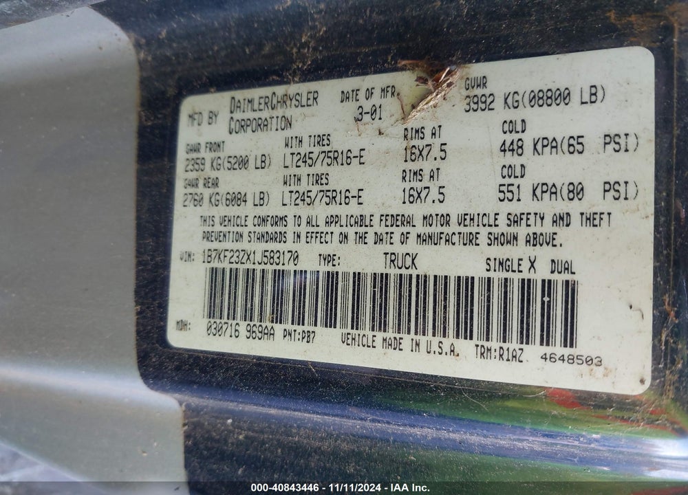 2001 DODGE RAM 2500 ST VIN: 1B7KF23ZX1J583170