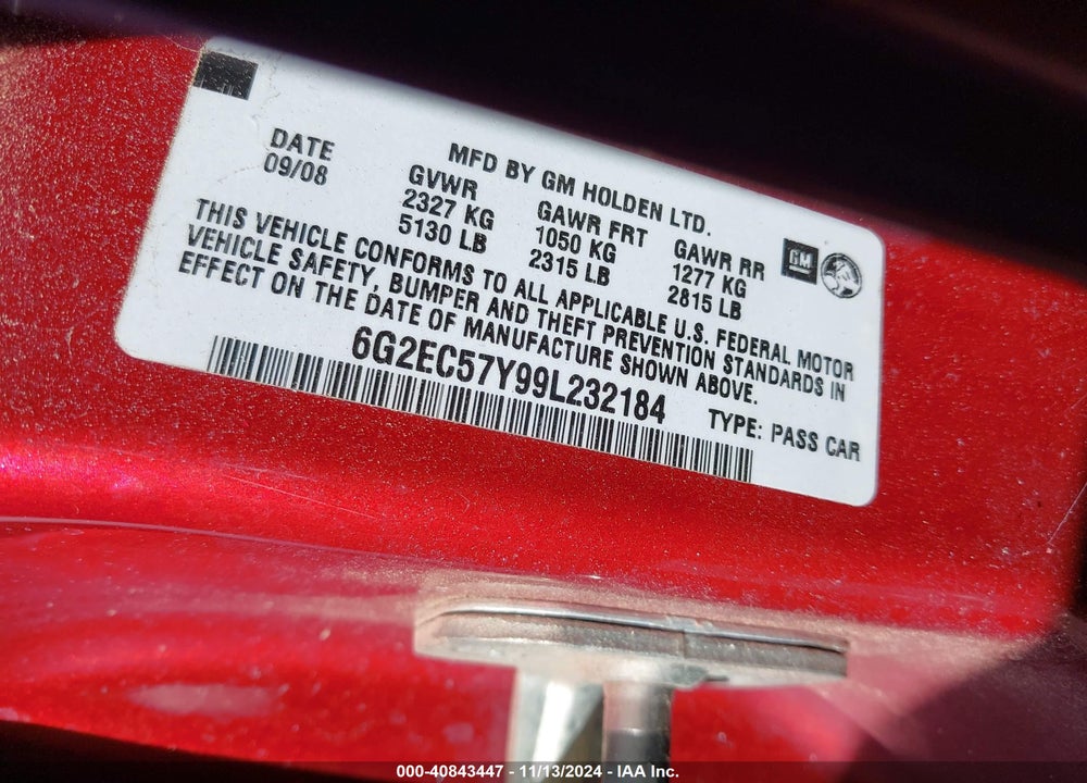 2009 PONTIAC G8 GT VIN: 6G2EC57Y99L232184