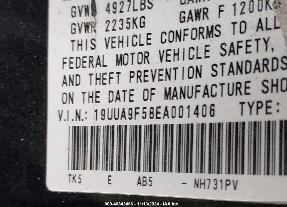 2014 ACURA TL 3.7 VIN: 19UUA9F58EA001406