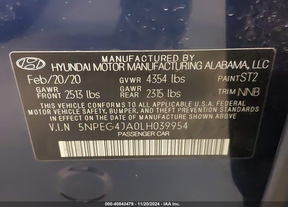 2020 HYUNDAI SONATA SE VIN: 5NPEG4JA0LH039954