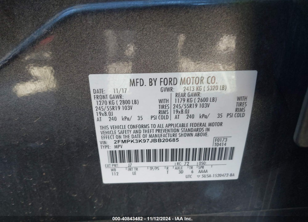 2018 FORD EDGE TITANIUM VIN: 2FMPK3K97JBB20685