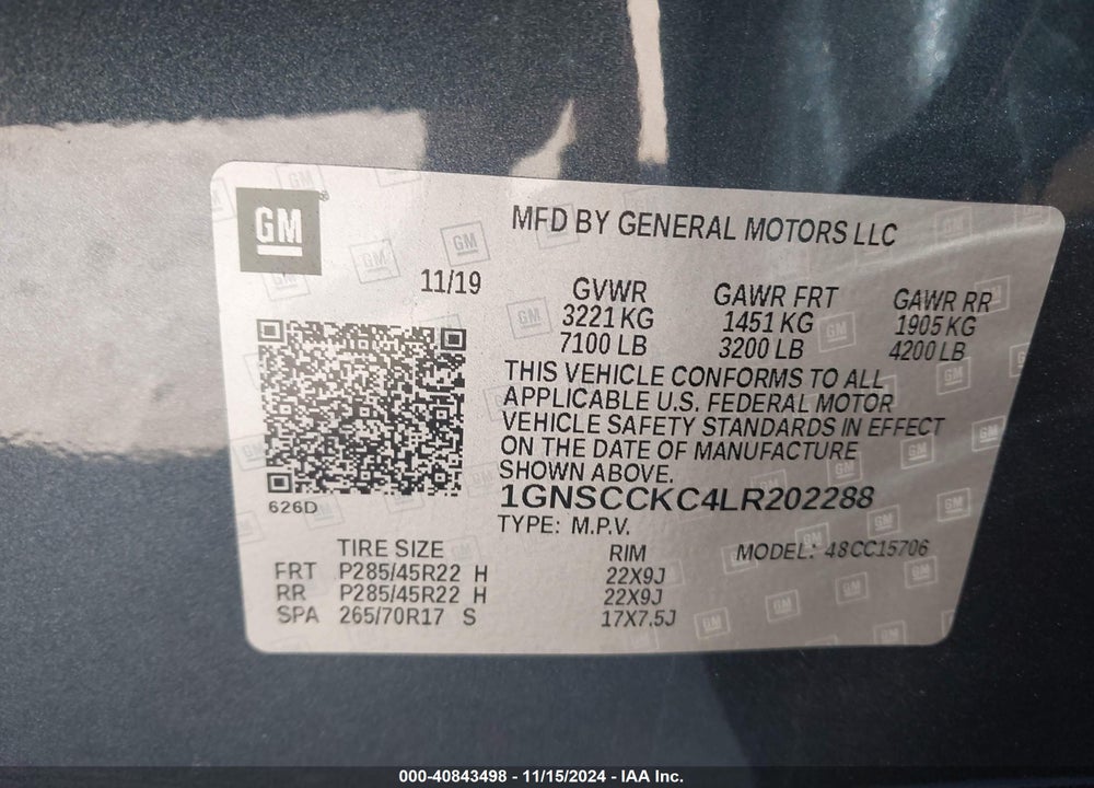 2020 CHEVROLET TAHOE 2WD PREMIER VIN: 1GNSCCKC4LR202288