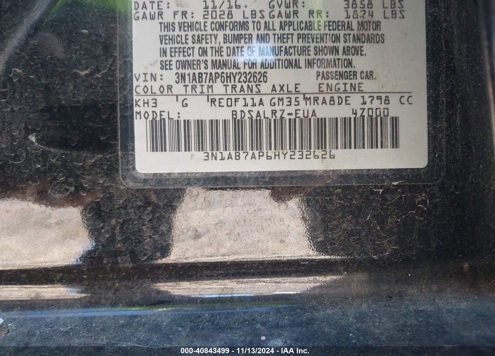 2017 NISSAN SENTRA SR VIN: 3N1AB7AP6HY232626