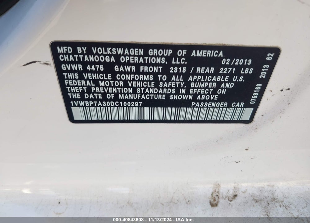 2013 VOLKSWAGEN PASSAT VIN: 1VWBP7A30DC100297