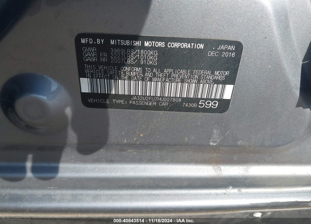 2017 MITSUBISHI LANCER ES/LE VIN: JA32U2FU7HU007808
