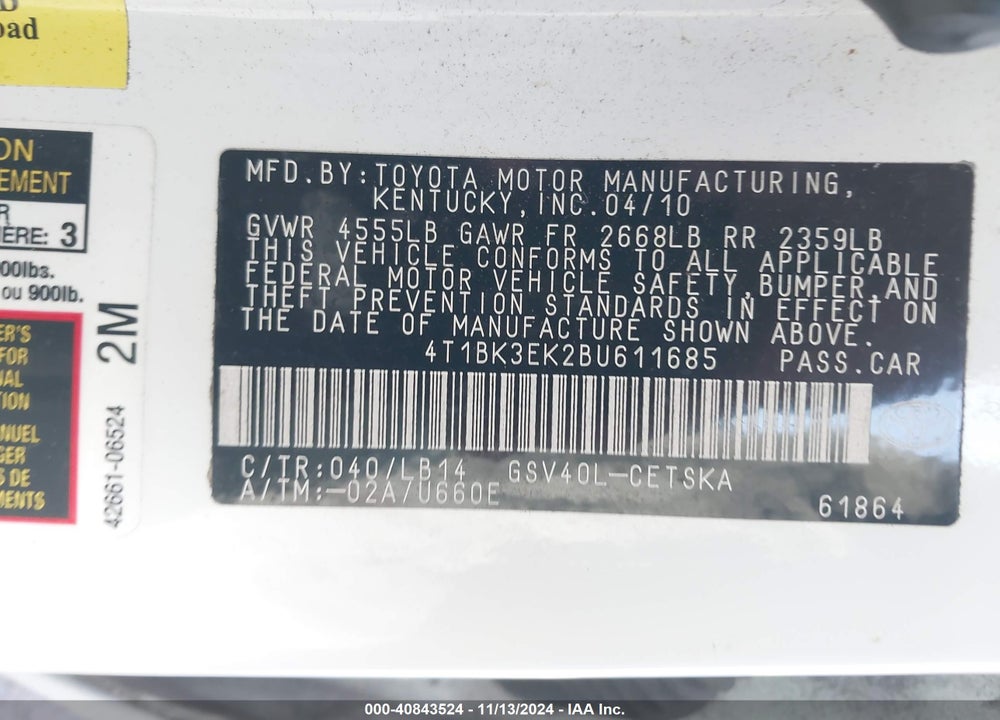 2011 TOYOTA CAMRY SE V6 VIN: 4T1BK3EK2BU611685