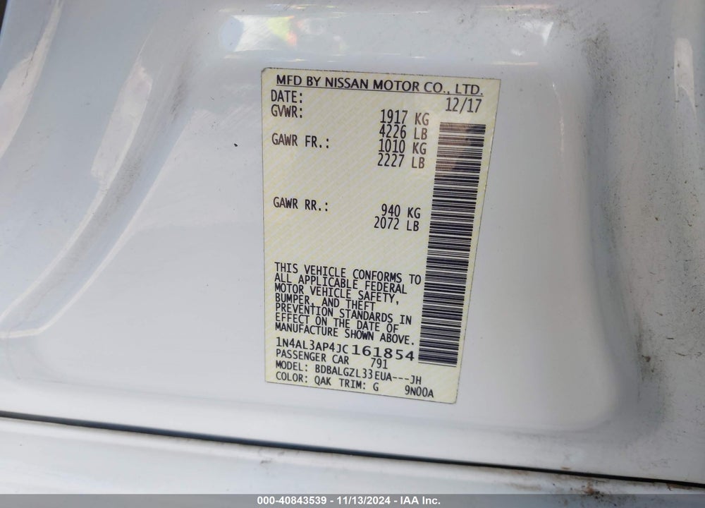 2018 NISSAN ALTIMA 2.5 S VIN: 1N4AL3AP4JC161854