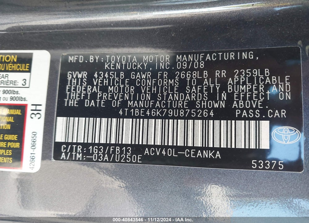 2009 TOYOTA CAMRY LE VIN: 4T1BE46K79U875264