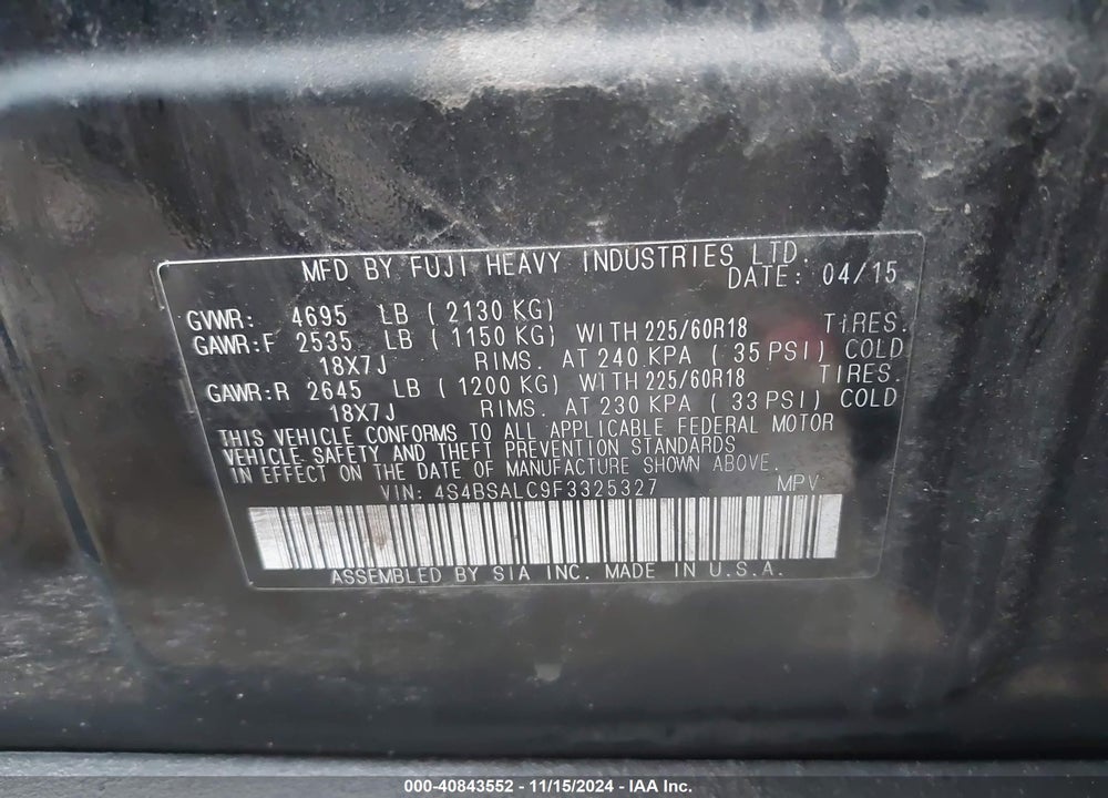 2015 SUBARU OUTBACK 2.5I LIMITED VIN: 4S4BSALC9F3325327