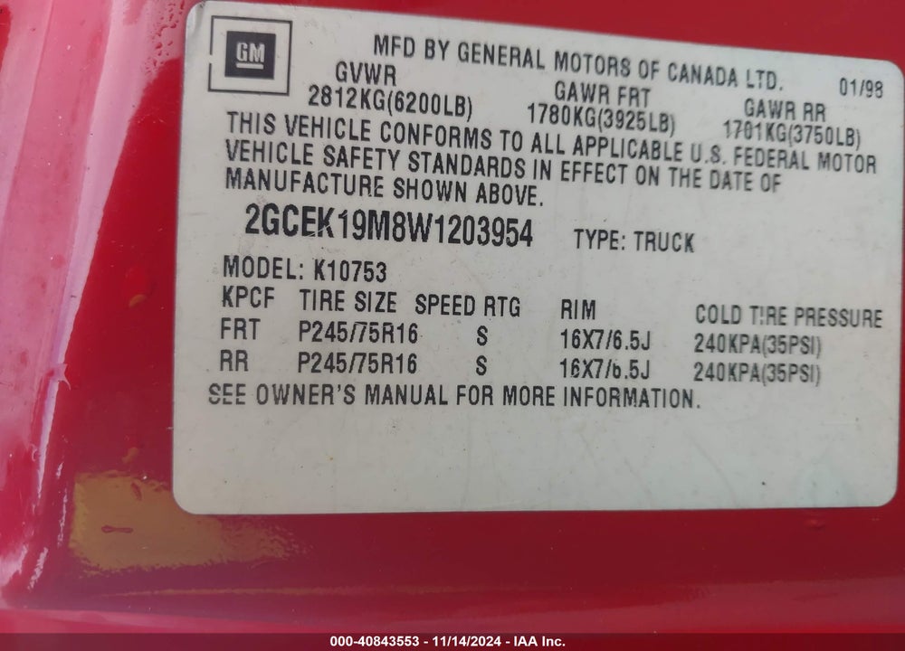 1998 CHEVROLET K1500 FLEETSIDE VIN: 2GCEK19M8W1203954