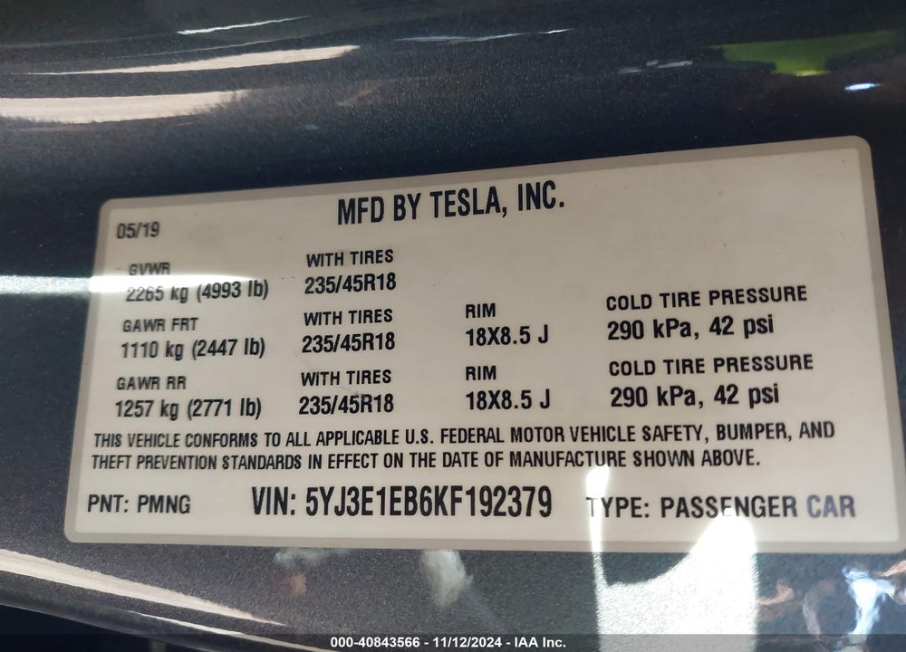 2019 TESLA MODEL 3 LONG RANGE/PERFORMANCE VIN: 5YJ3E1EB6KF192379