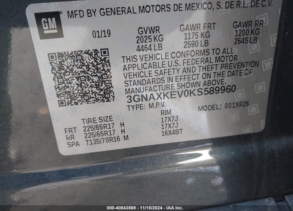 2019 CHEVROLET EQUINOX LT VIN: 3GNAXKEV0KS589960