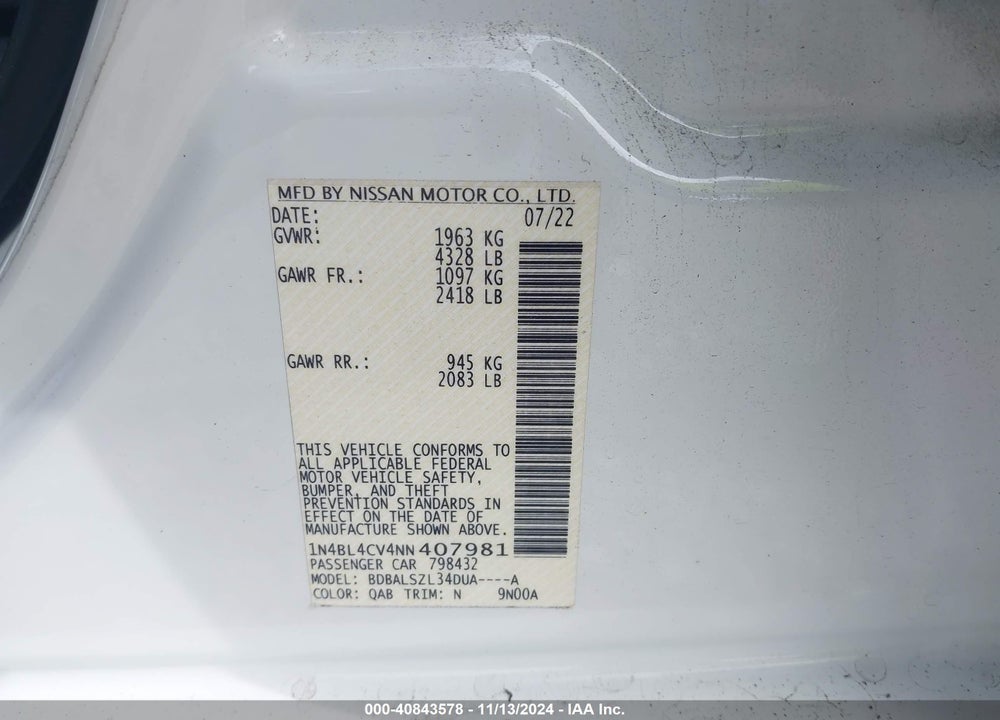 2022 NISSAN ALTIMA VIN: 1N4BL4CV4NN407981