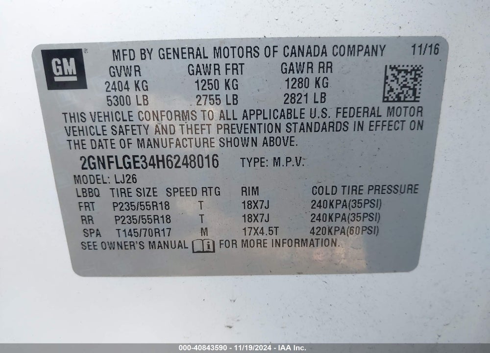 2017 CHEVROLET EQUINOX PREMIER VIN: 2GNFLGE34H6248016