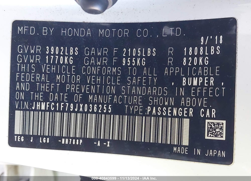 2018 HONDA CIVIC EX-L VIN: JHMFC1F79JX036255