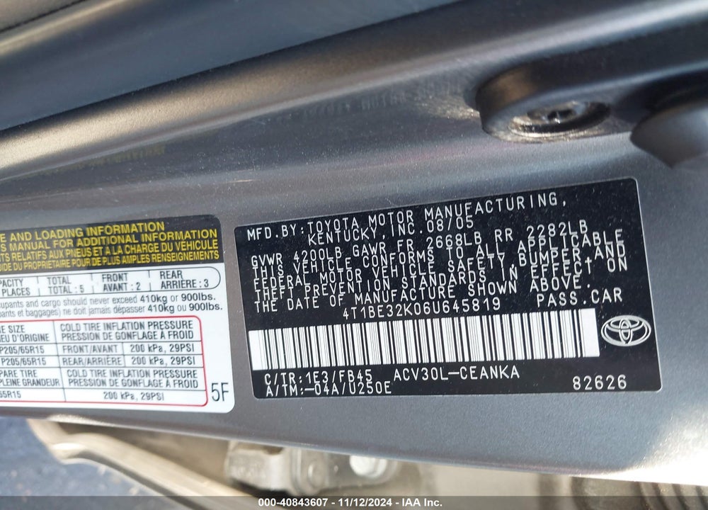 2006 TOYOTA CAMRY LE VIN: 4T1BE32K06U645819