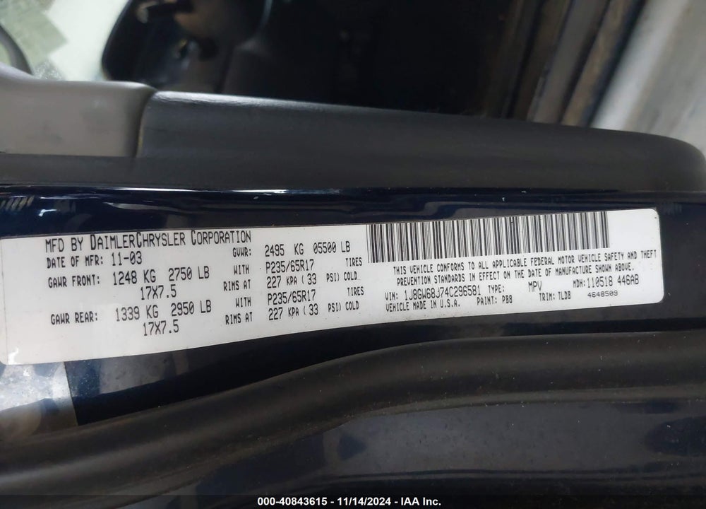 2004 JEEP GRAND CHEROKEE OVERLAND VIN: 1J8GW68J74C296581