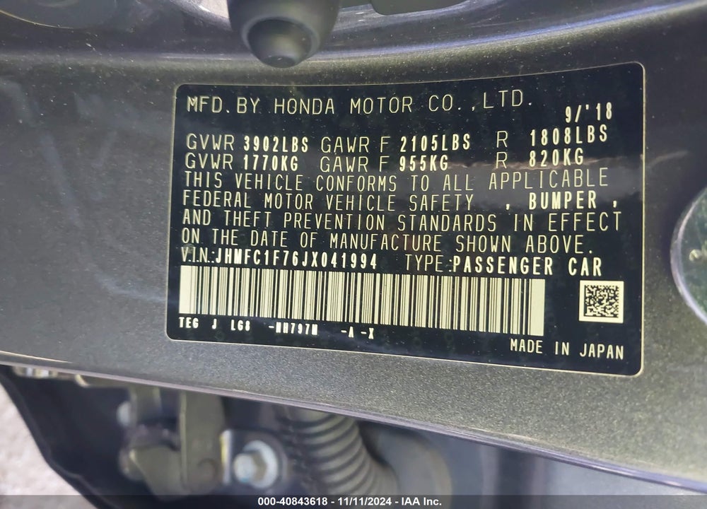 2018 HONDA CIVIC VIN: JHMFC1F76JX041994