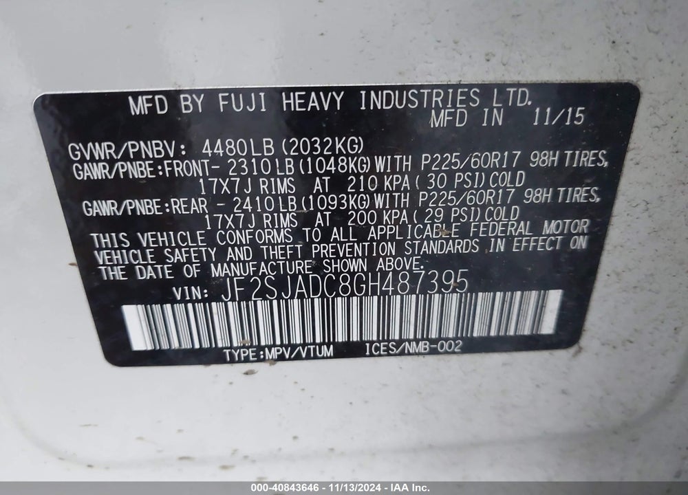 2016 SUBARU FORESTER 2.5I PREMIUM VIN: JF2SJADC8GH487395