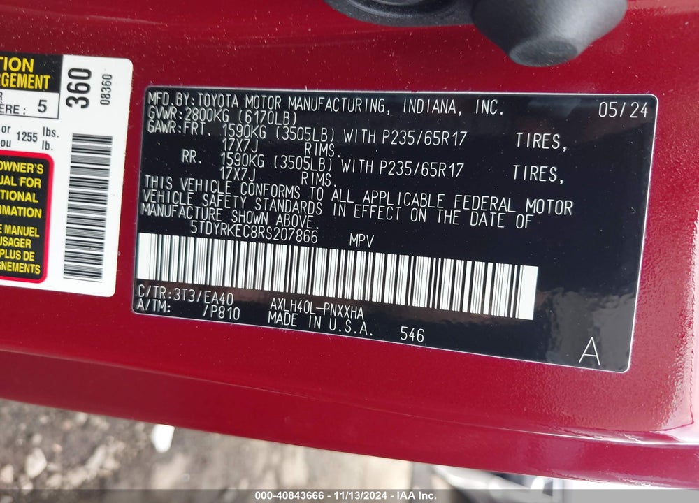2024 TOYOTA SIENNA XLE VIN: 5TDYRKEC8RS207866