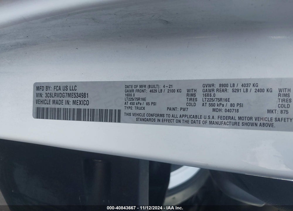 2021 RAM PROMASTER 2500 HIGH ROOF 159 WB VIN: 3C6LRVDG7ME534981