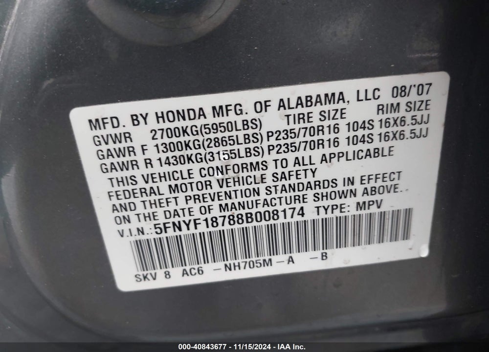 2008 HONDA PILOT EX-L VIN: 5FNYF18788B008174