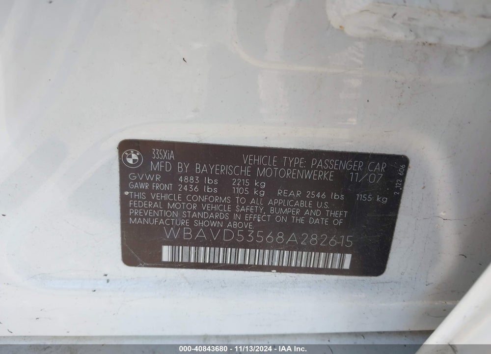 2008 BMW 335XI VIN: WBAVD53568A282615