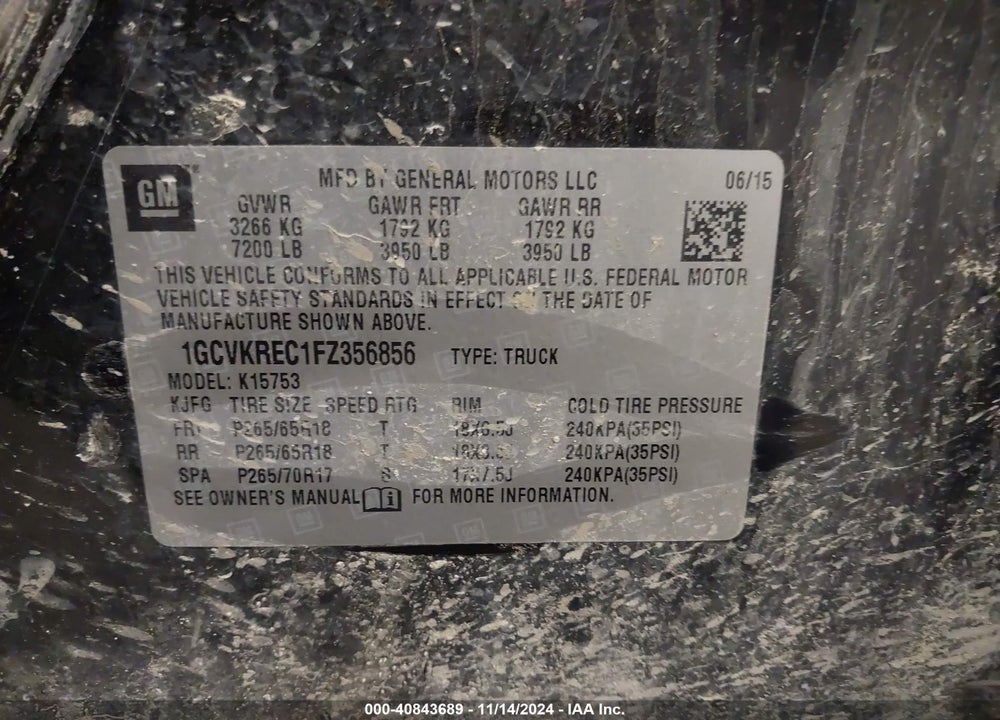 2015 CHEVROLET SILVERADO 1500 VIN: 1GCVKREC1FZ356856