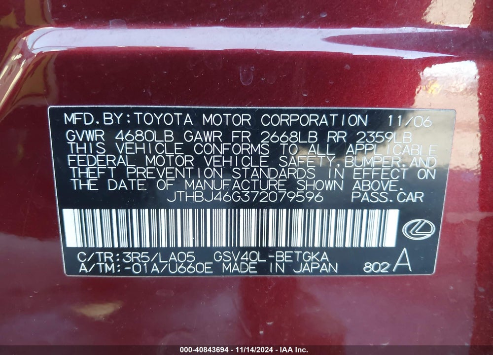 2007 LEXUS ES 350 VIN: JTHBJ46G372079596